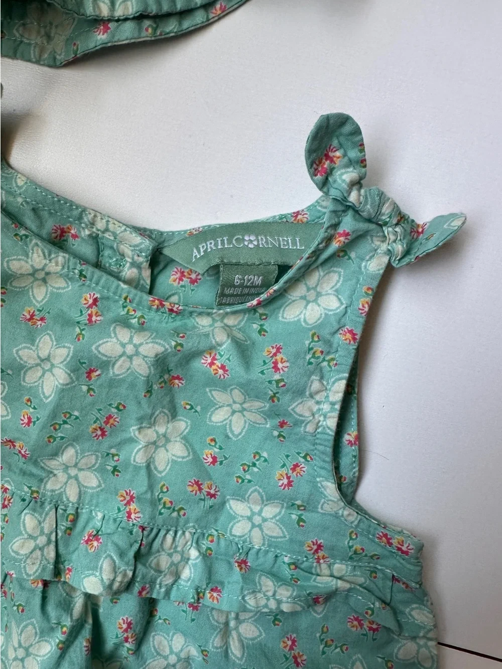 April Cornell Green Floral Cotton Bubble Romper with Sun Hat 6-12m